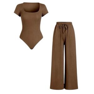 2 PIECE RIBBED SHORT SLEEVE TRACK SET BODY SUIT AND PULL ON PANTS NIP